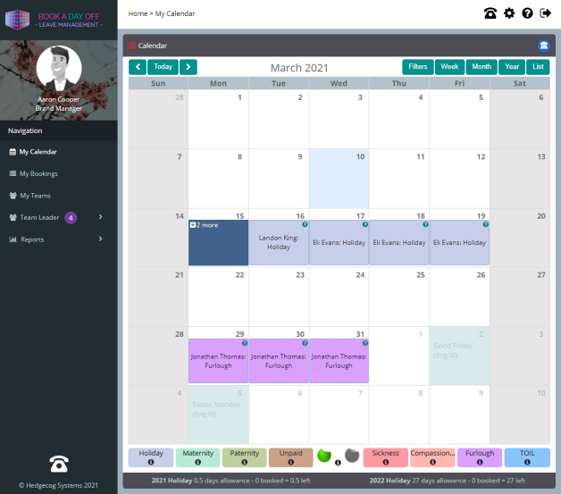 Book a Day Off Leave Management System: Screenshot: Calendar Month View