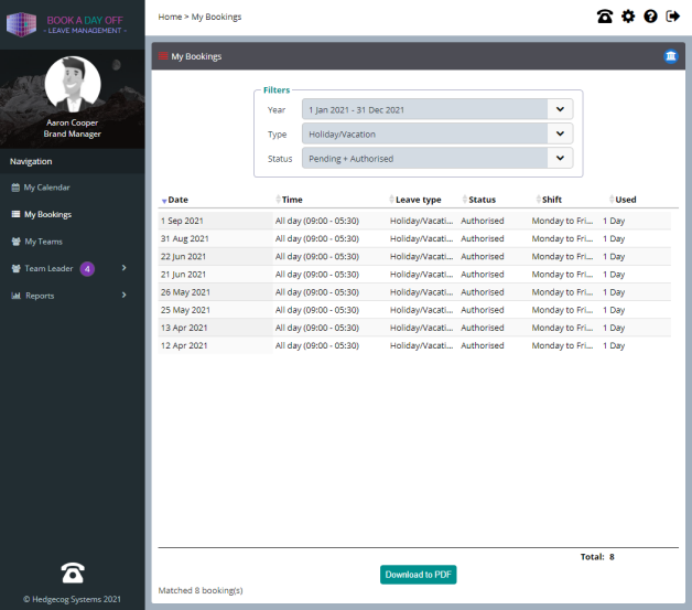 Book a Day Off Leave Management System: Screenshot: My Bookings