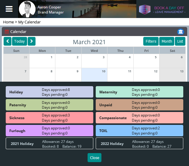 Book a Day Off Leave Management System: Screenshot: As viewed on a tablet
