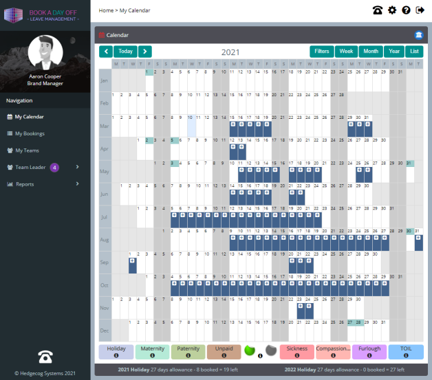 Book a Day Off Leave Management System: Screenshot: Calendar Year View