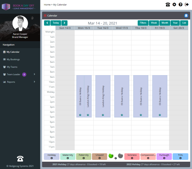 Book a Day Off Leave Management System: Screenshot: Calendar Week View