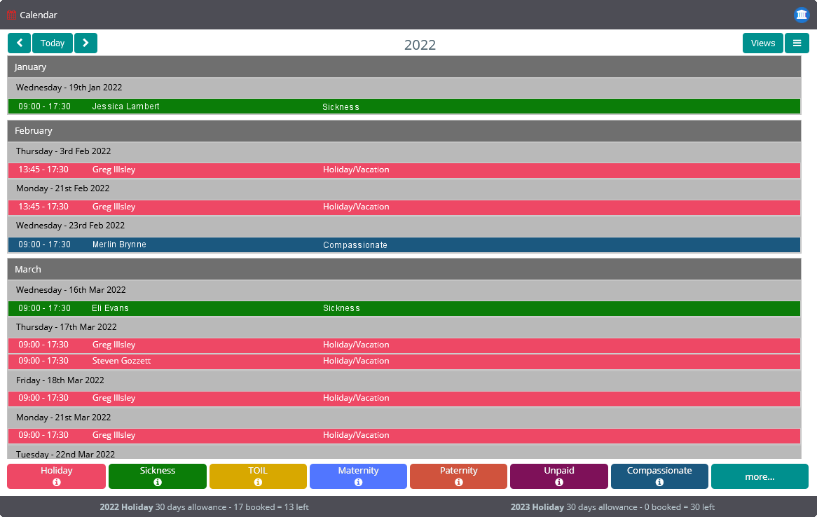 Book a Day Off Leave Management System: Listing Calendar View