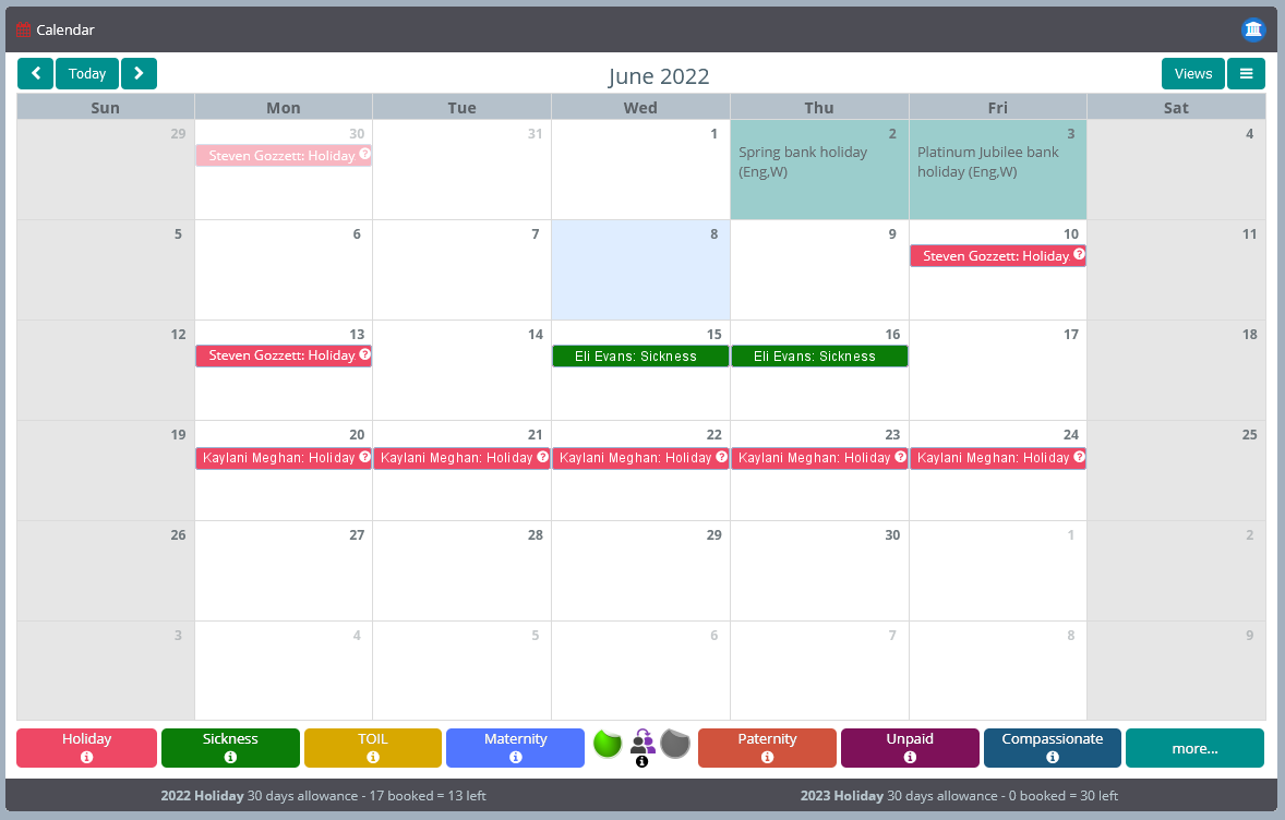 Book a Day Off Leave Management System: Month Calendar View