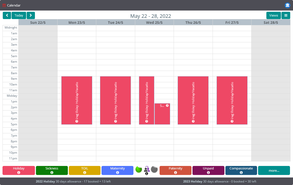 Book a Day Off Leave Management System: Week Calendar View
