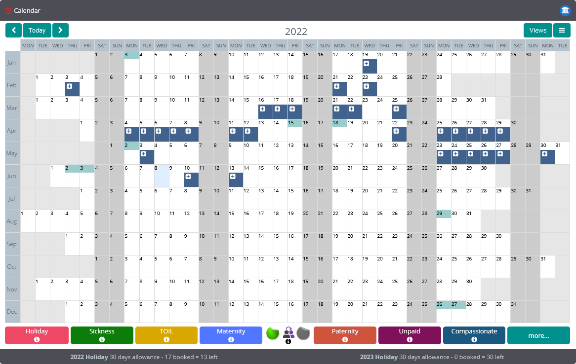 Book a Day Off Leave Management System: Annual Calendar View